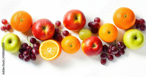 Fresh fruits including apples, oranges, and grapes arranged beautifully. vibrant display of colors and textures, perfect for healthy eating and nutrition
