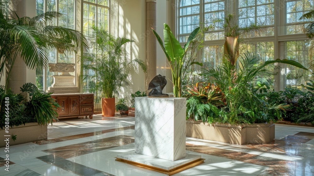 Serene Indoor Garden with Lush Greenery and Elegant Sculpture in Bright Sunlight Illuminating a Peaceful Atmosphere of Relaxation and Tranquility Serene Indoor Garden with Lush Greenery and Elegant Sculpture in Bright Sunlight Illuminating a Peaceful Atmosphere of Relaxation and Tranquility