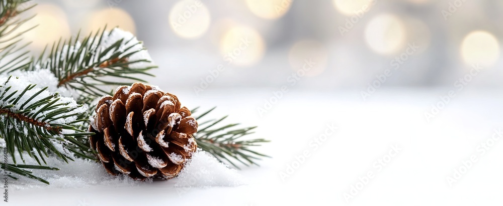 Fir tree branch with pine cone in snow and bokeh lights on a white background Fir tree branch with pine cone in snow and bokeh lights on a white background