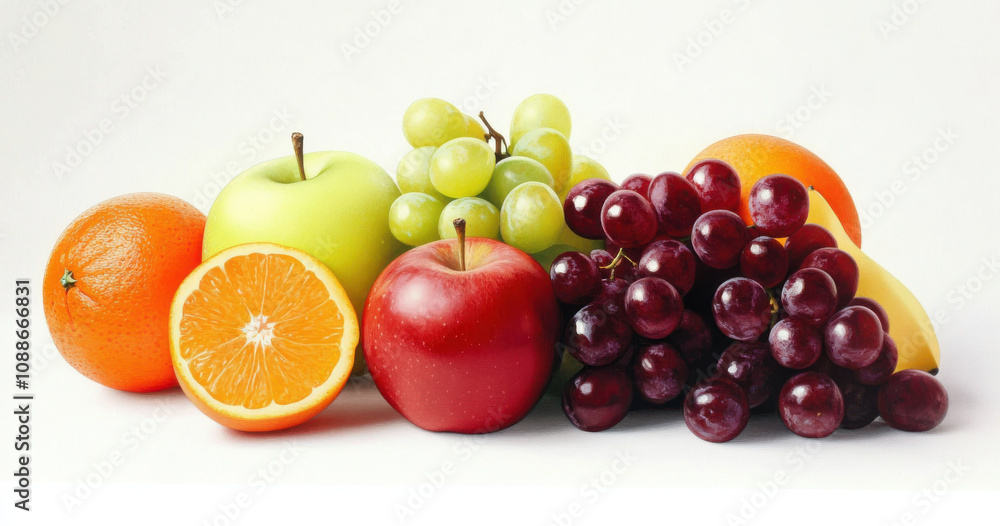 Fresh fruits including oranges, apples, grapes, and bananas arranged beautifully. vibrant display of healthy snacks, perfect for any occasion Fresh fruits including oranges, apples, grapes, and bananas arranged beautifully. vibrant display of healthy snacks, perfect for any occasion