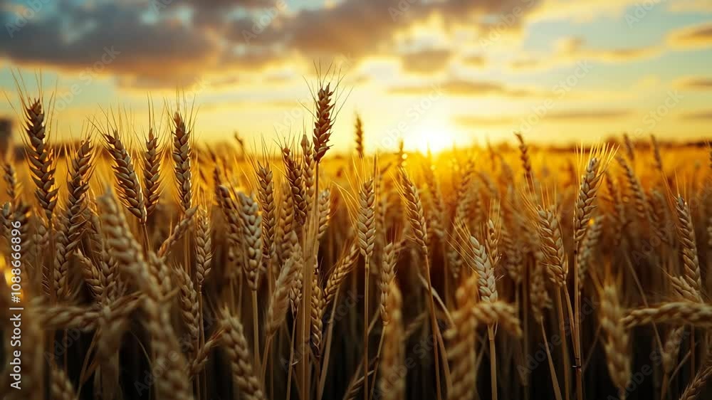 Ripe wheat stands tall in a vast field, bathed in the golden light of a setting sun Ripe wheat stands tall in a vast field, bathed in the golden light of a setting sun