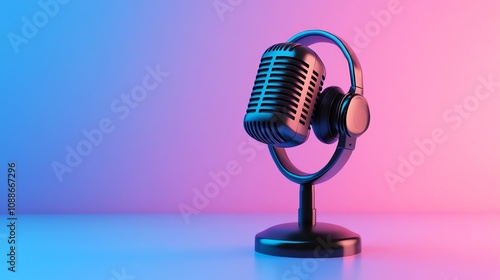 A vintage microphone with headphones on top of it in front of a pink and blue gradient background.