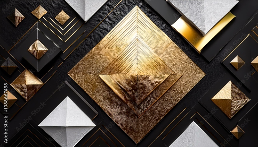 Fototapeta premium 幾何学模様が重なっている金色と黒色のモダンで抽象的な背景画像。（A black and gold modern abstract background image with overlapping geometric patterns.） 