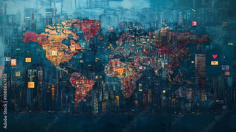 Fototapeta premium Digital map of the world with icons representing networking connection background