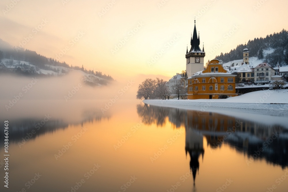 Fototapeta premium Winter sunrise reflection lake town scenic photography snowy landscape serene viewpoint tranquil beauty