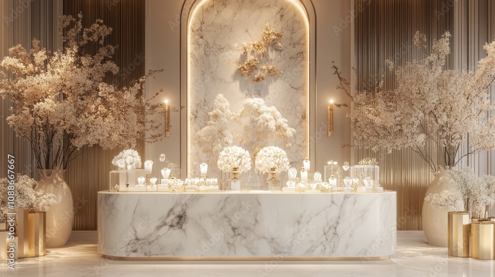 Elegant and Luxurious Wedding Reception Decor Featuring a Marble Table Surrounded by Floral Arrangements and Soft Ambient Lighting in a Contemporary Setting Elegant and Luxurious Wedding Reception Decor Featuring a Marble Table Surrounded by Floral Arrangements and Soft Ambient Lighting in a Contemporary Setting