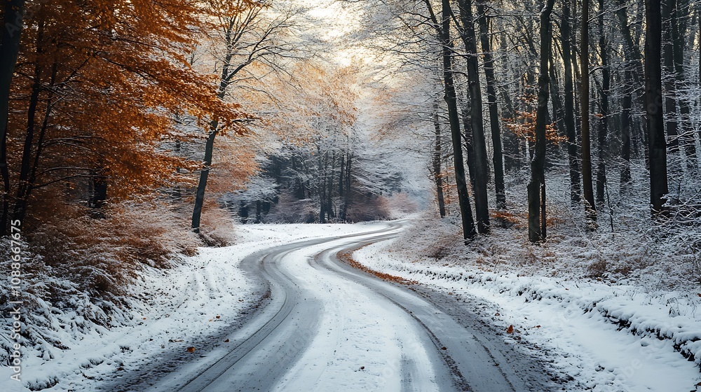 Obraz premium Winding Snow Covered Road in Winter Forest