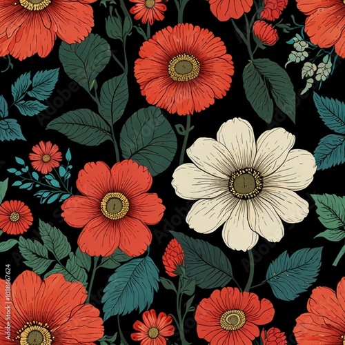 seamless pattern with flowers black background