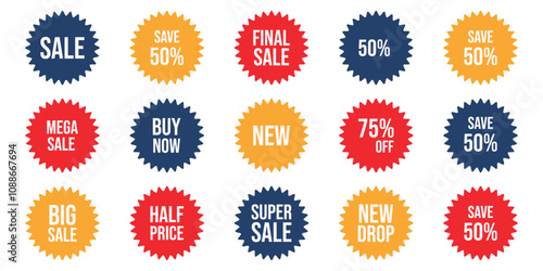 Set of Discount Sticker for Promotion. Sale banner with sunburst Label, blank, stars, tag. Starburst Discount Set. Shopping icons for business, Black Friday, Mega Special Offer, Cyber Monday. Vector 