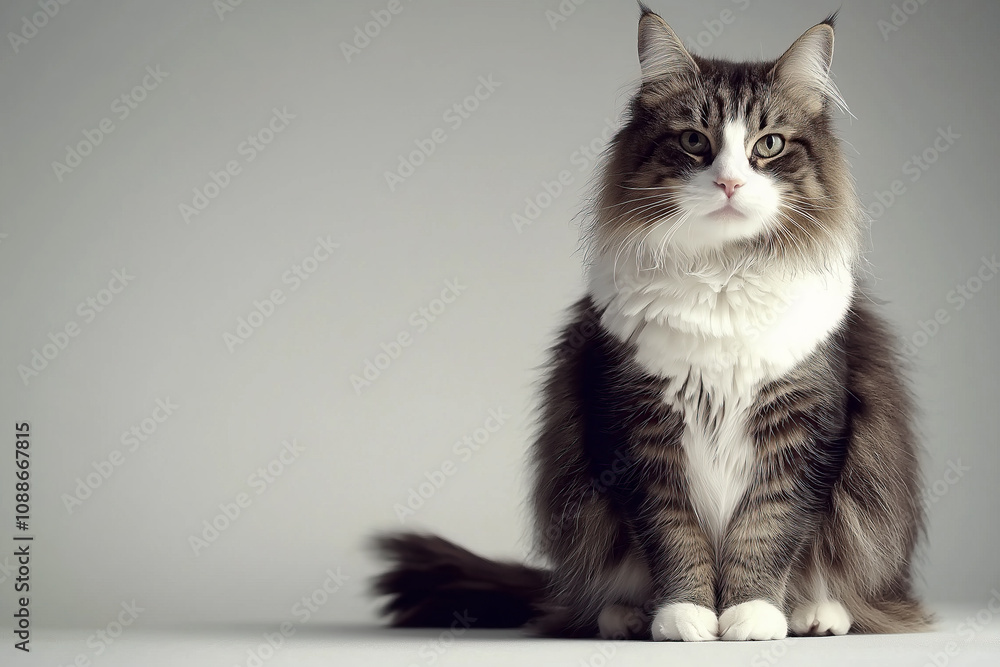 Fototapeta premium Portrait of a fluffy tabby cat with white fur sitting on a neutral background, displaying an alert and majestic expression