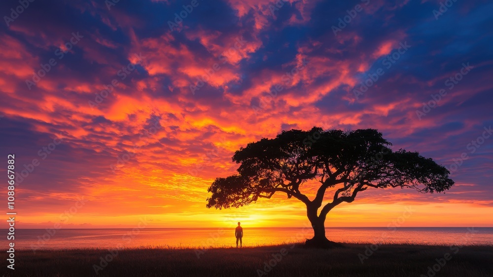 A stunning sunset view with a lone tree silhouetted against a colorful sky. A stunning sunset view with a lone tree silhouetted against a colorful sky.