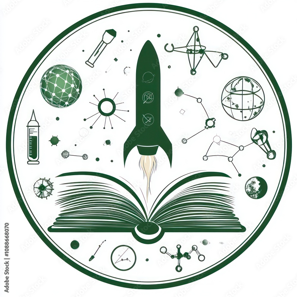 A green rocket ship launching out of an open book surrounded by various science related objects. A green rocket ship launching out of an open book surrounded by various science related objects.