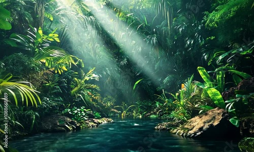 Sunlit Stream Winding Through Lush, Verdant Tropical Rainforest