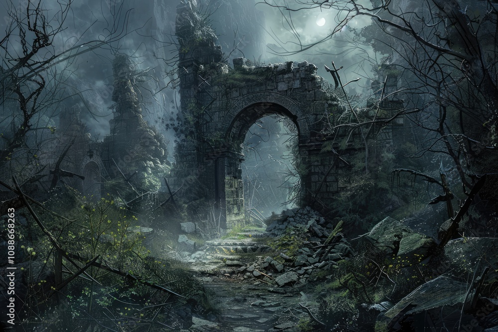 A Ruined Stone Archway in a Foggy Forest Under a Full Moon A Ruined Stone Archway in a Foggy Forest Under a Full Moon