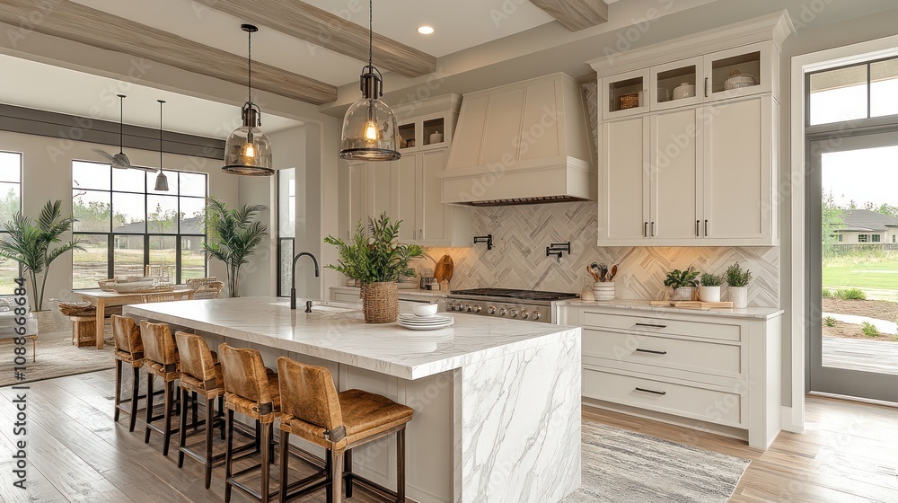 Modern kitchen with an island, stylish decor, and natural light. Modern kitchen with an island, stylish decor, and natural light.