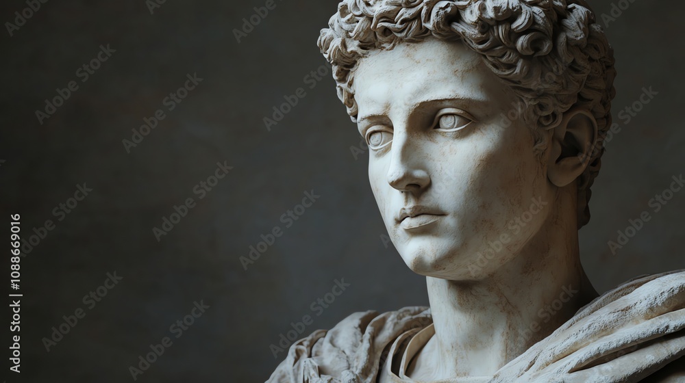 A white marble bust of a man with short hair. A white marble bust of a man with short hair.