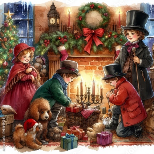 Christmas Children in the Snow - Watercolor Winter and Christmas Setting - Greeting Card - Traditional Dickens Style Nostalgic Victorian Painted Illustration - Children Singing Christmas Eve