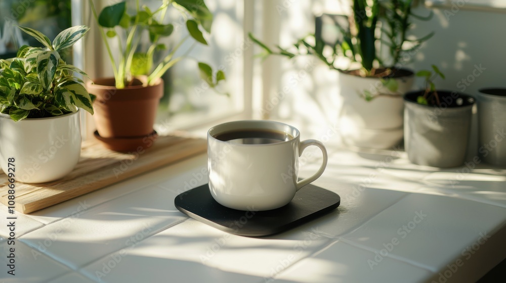 Fototapeta premium Inspirational Writing Space with Tranquil Plants and Coffee