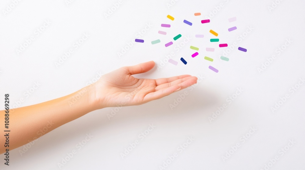 A hand outstretched with colorful sprinkles floating above it on a white background. A hand outstretched with colorful sprinkles floating above it on a white background.