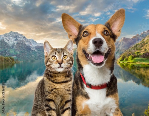 Excited Curious Dog and Cat Closeeup Over White photo