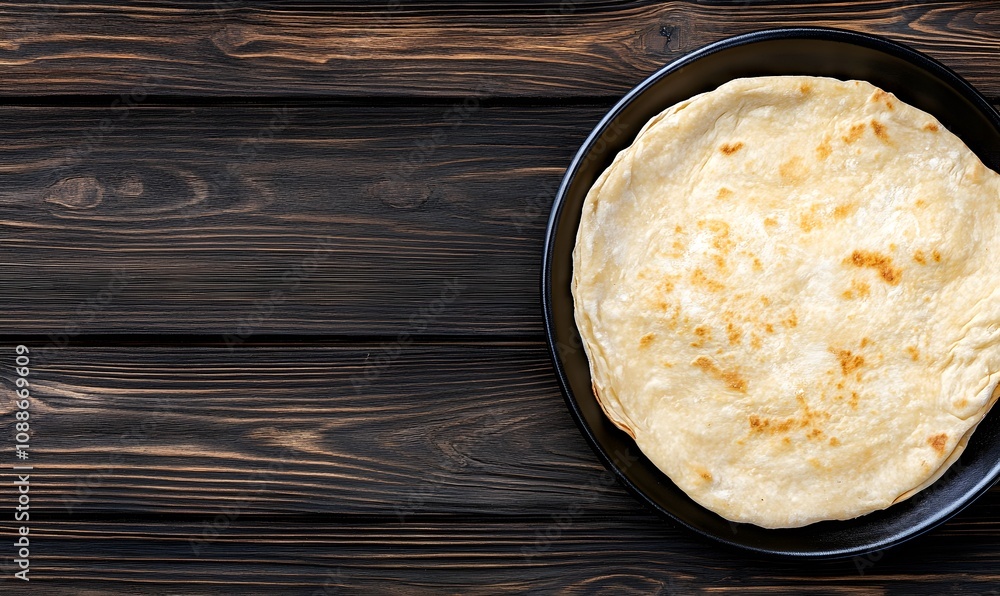 Flatbread On A Black Plate Wooden Background, Generative AI Flatbread On A Black Plate Wooden Background, Generative AI