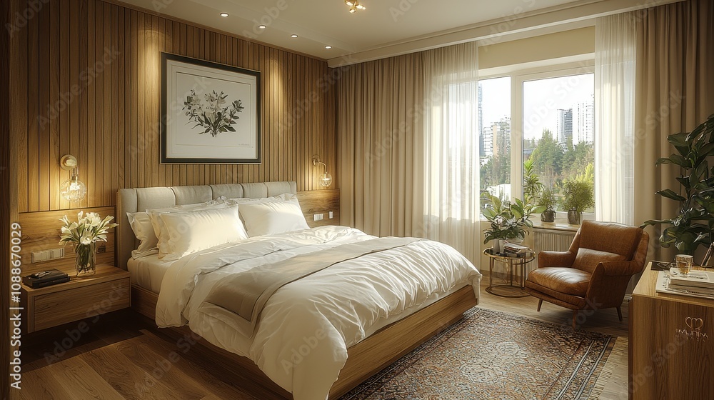 Modern bedroom design featuring natural light and elegant decor in an urban setting Modern bedroom design featuring natural light and elegant decor in an urban setting