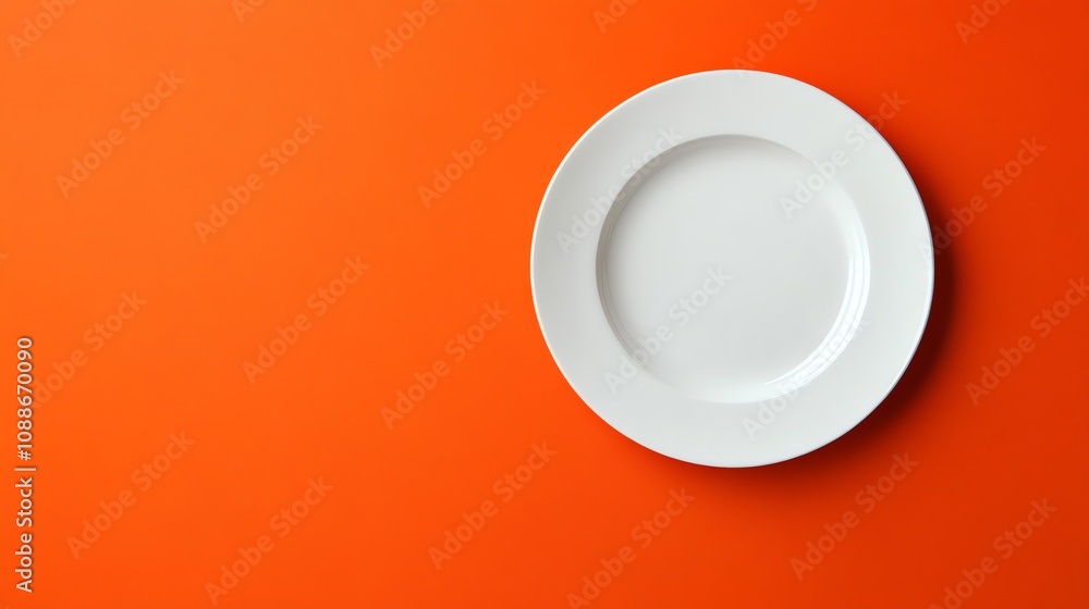 An empty white plate on an orange background.