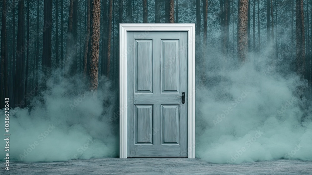 A mysterious door framed in white appears amidst swirling green smoke in an enchanting forest setting at twilight A mysterious door framed in white appears amidst swirling green smoke in an enchanting forest setting at twilight
