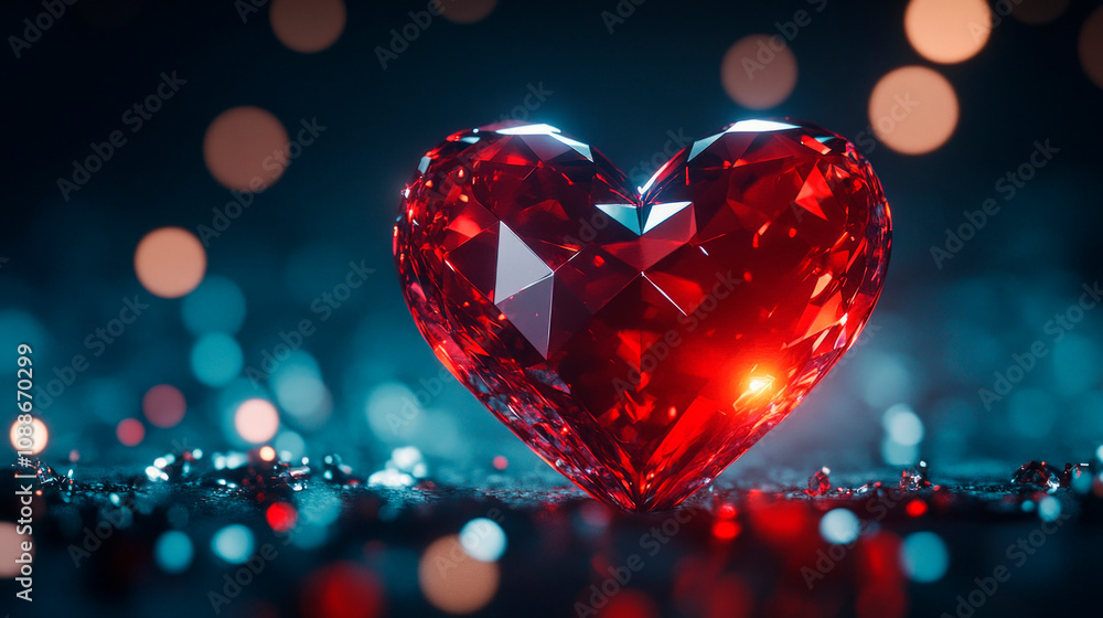 Volumetric transparent red heart diamond glowing beautifully with captivating bokeh on a festive dark backdrop enhancing its elegance