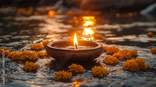 An oil lamp floating in the river during Pitru Paksha ritual	 photo