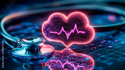 Innovative healthcare technology integrates stethoscope with digital cloud and heartbeat graph to enhance patient monitoring