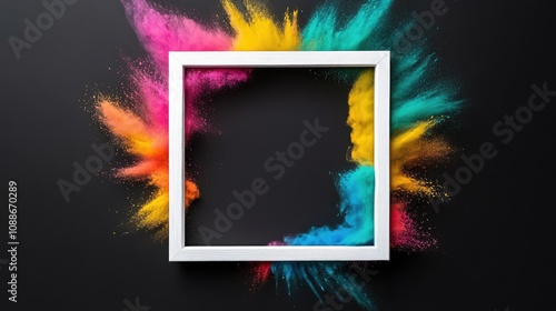 A vibrant explosion of color and swirling smoke in a square frame against a black background, creating an artistic visual delight photo