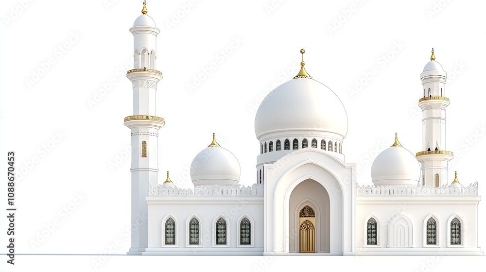 Obraz premium A stunning white mosque with a large dome and tall minaret set against a clear background, showcasing intricate architectural details at dusk