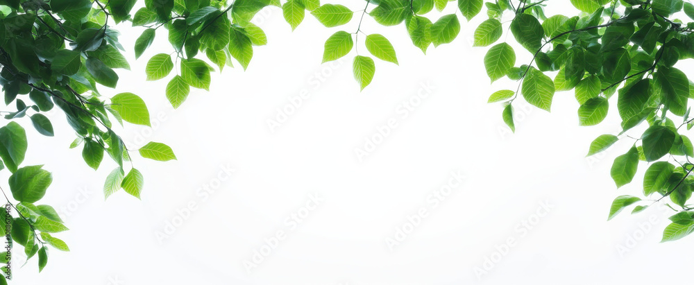 Fresh green leaves frame bright background, creating serene atmosphere Fresh green leaves frame bright background, creating serene atmosphere