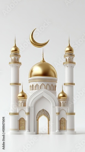 Wallpaper Mural A stunning 3D mosque design featuring golden crescent moon and ornate details set against a serene white background Torontodigital.ca