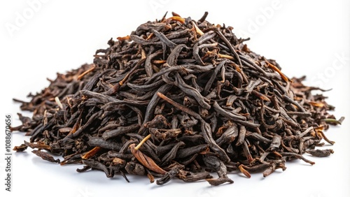 Dried black tea leaves displayed on a clear background, ideal for culinary creations and beverage preparation, bringing rich flavors and aromas to your dishes and drinks.