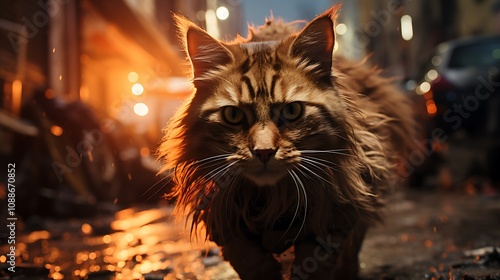 Urban Cat Stroll: An intriguing, long-haired cat boldly makes its way down a city street, exuding confidence amidst a vibrant, atmospheric setting.