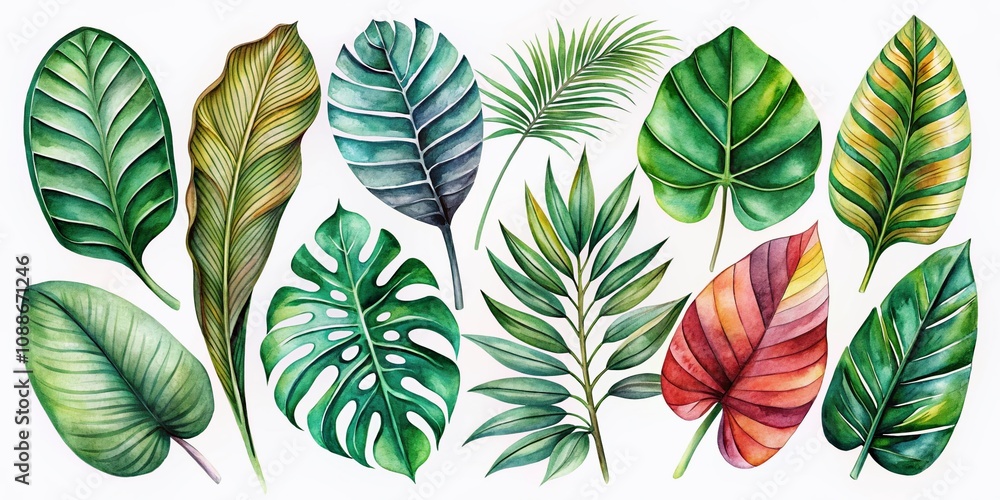 Vibrant Watercolor Tropical Plant Leaves Set on a White Background for Stylish Fashion Photography and Design Projects