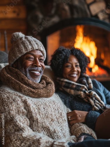 Senior african american couple warming up next to fireplace inside mountain chalet - Winter lifstyle and love concept - Main focus on woman face