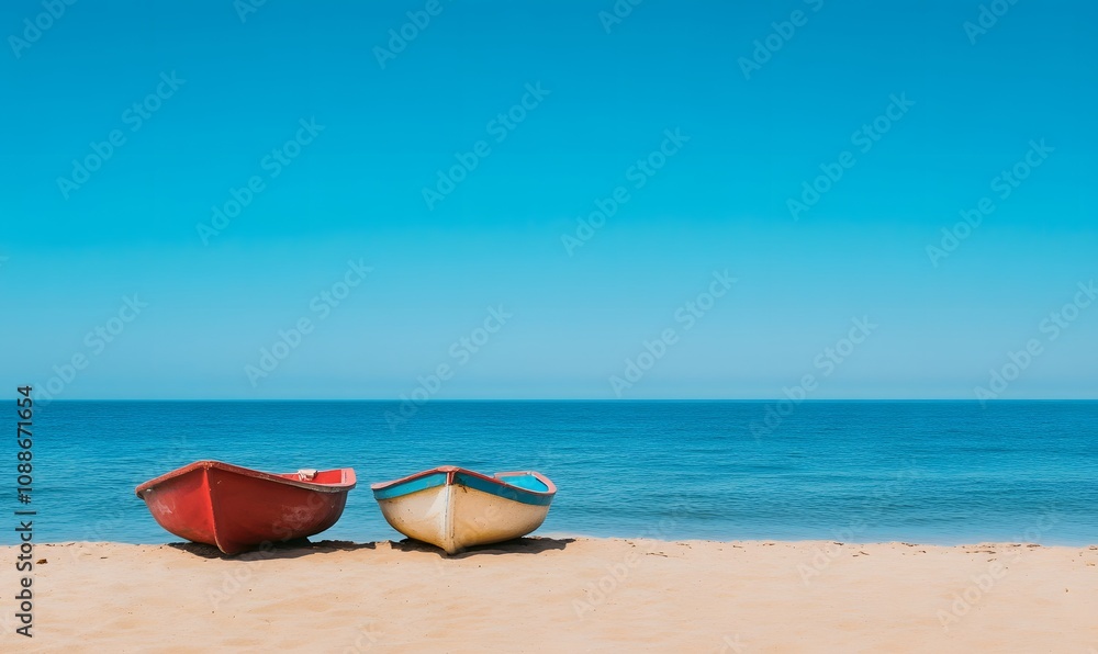 Two colorful local boat parks on the beach and blue sky background, Generative AI Two colorful local boat parks on the beach and blue sky background, Generative AI