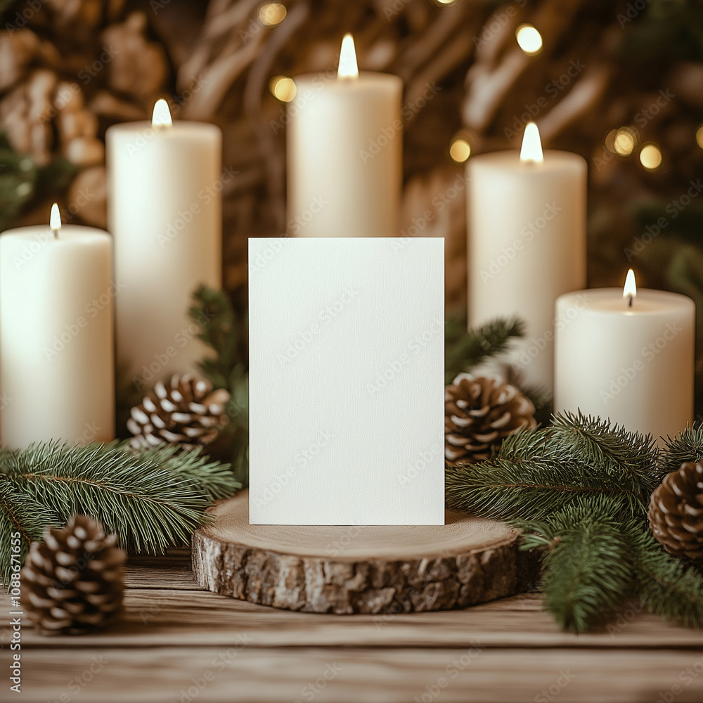 Rustic 5x7 Card Mockup with Evergreen, Pinecones, and Glowing White Candles Rustic 5x7 Card Mockup with Evergreen, Pinecones, and Glowing White Candles
