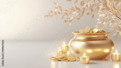 Vector illustration of Akshaya Tritiya celebration with a golden kalash, gold coins on decorated background.illustration