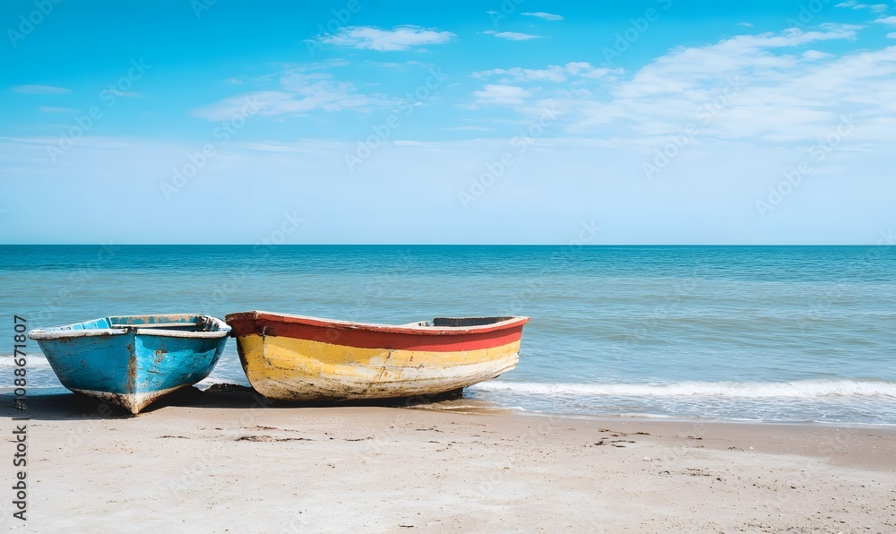 Two colorful local boat parks on the beach and blue sky background, Generative AI Two colorful local boat parks on the beach and blue sky background, Generative AI