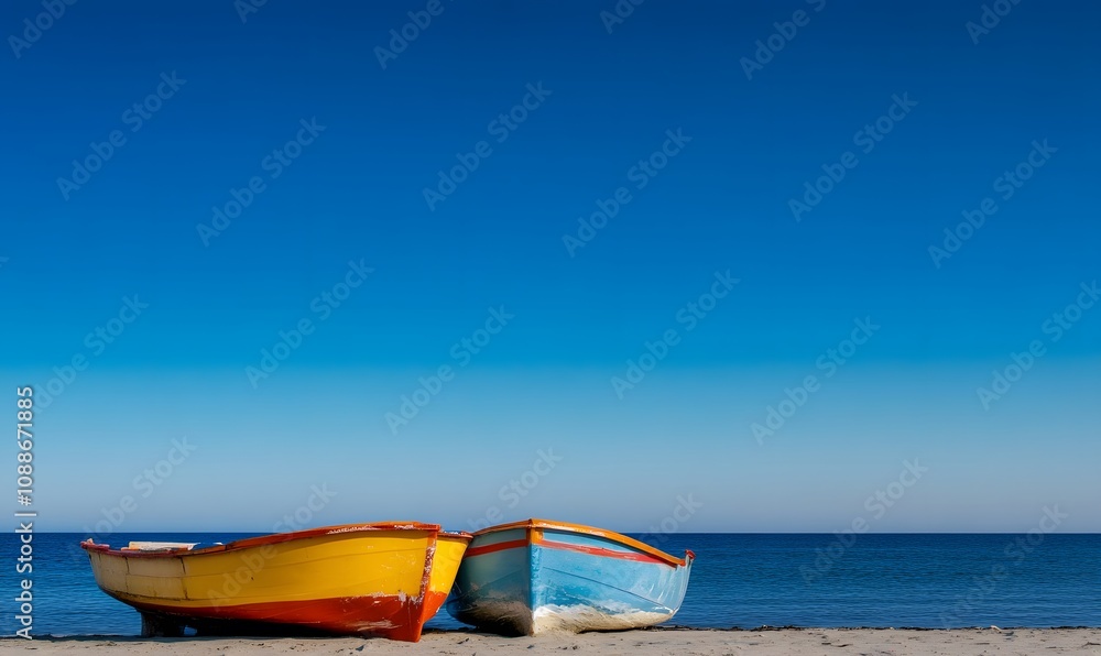 Two colorful local boat parks on the beach and blue sky background, Generative AI Two colorful local boat parks on the beach and blue sky background, Generative AI