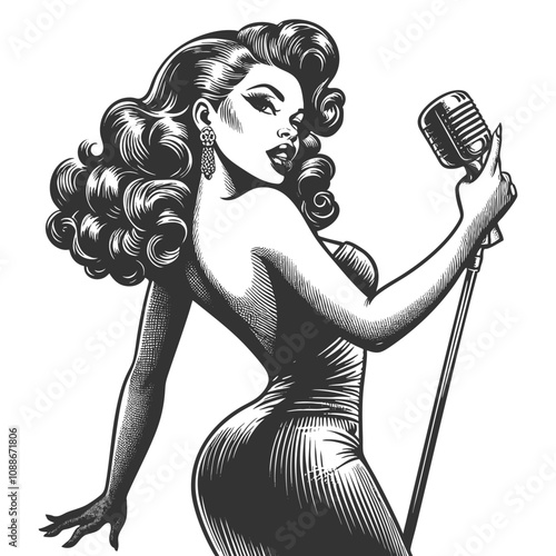 woman in a tight evening dress singer holding a microphone the classic style sketch engraving generative ai fictional character vector illustration. Scratch board imitation. Black and white image.