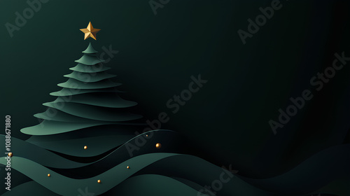 Modern minimalist Christmas and New Year card featuring a stylized green Christmas tree adorned with golden ornaments and topped with a star. The elegant dark green background with glowing stars photo