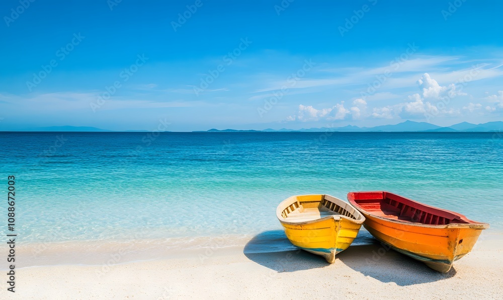 Two colorful local boat parks on the beach and blue sky background, Generative AI Two colorful local boat parks on the beach and blue sky background, Generative AI