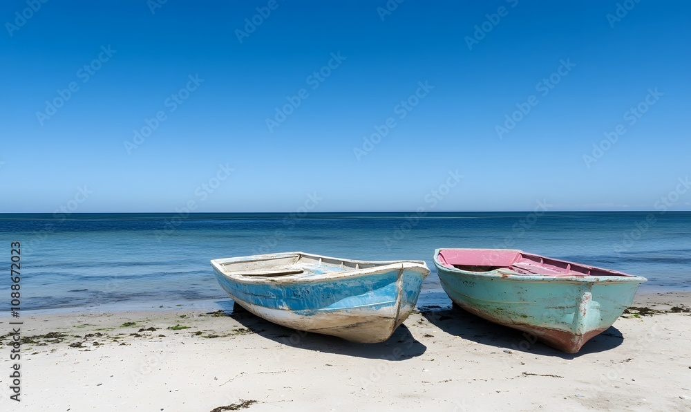 Two colorful local boat parks on the beach and blue sky background, Generative AI Two colorful local boat parks on the beach and blue sky background, Generative AI