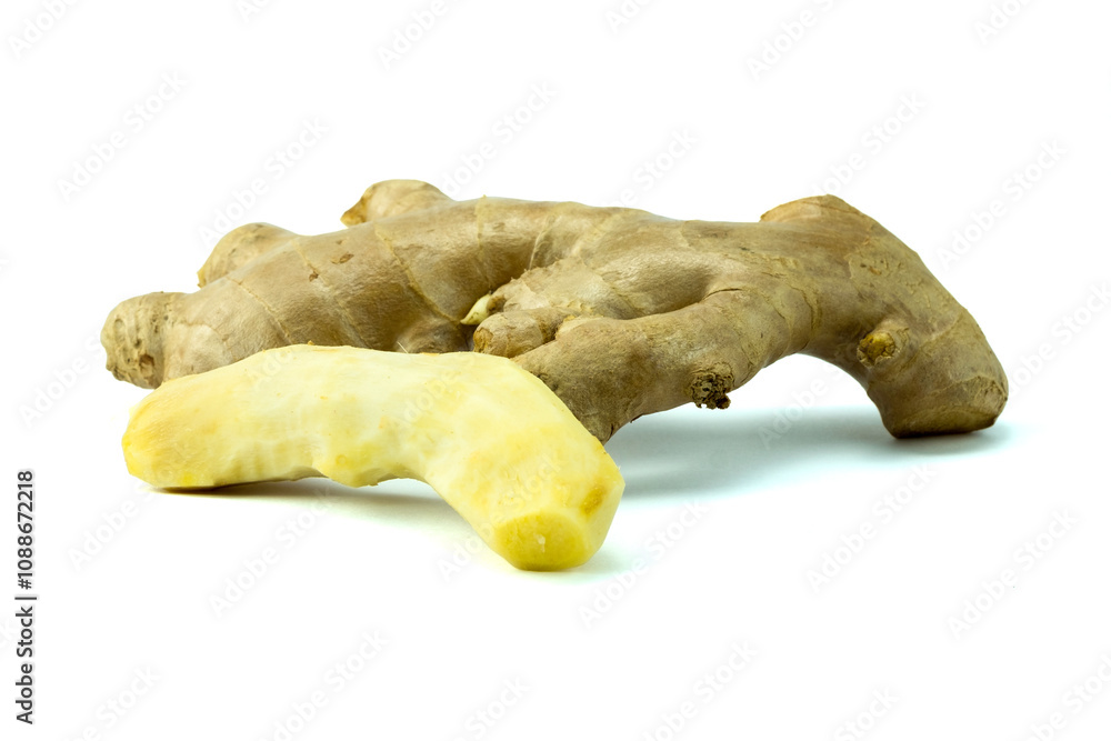 Fototapeta premium Fresh ginger with peel and un peel isolated on white background close up with clipping path stack