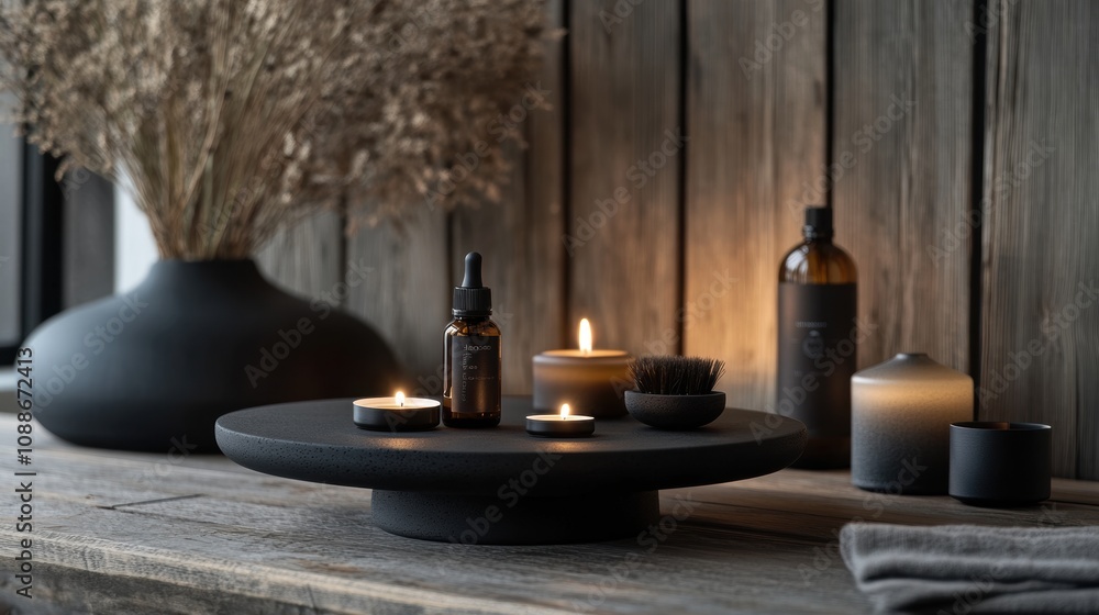 Elegant and Minimalist Home Decor with Candles, Essential Oils, and Dried Plants in a Cozy, Modern Setting Emphasizing Relaxation and Serenity Elegant and Minimalist Home Decor with Candles, Essential Oils, and Dried Plants in a Cozy, Modern Setting Emphasizing Relaxation and Serenity